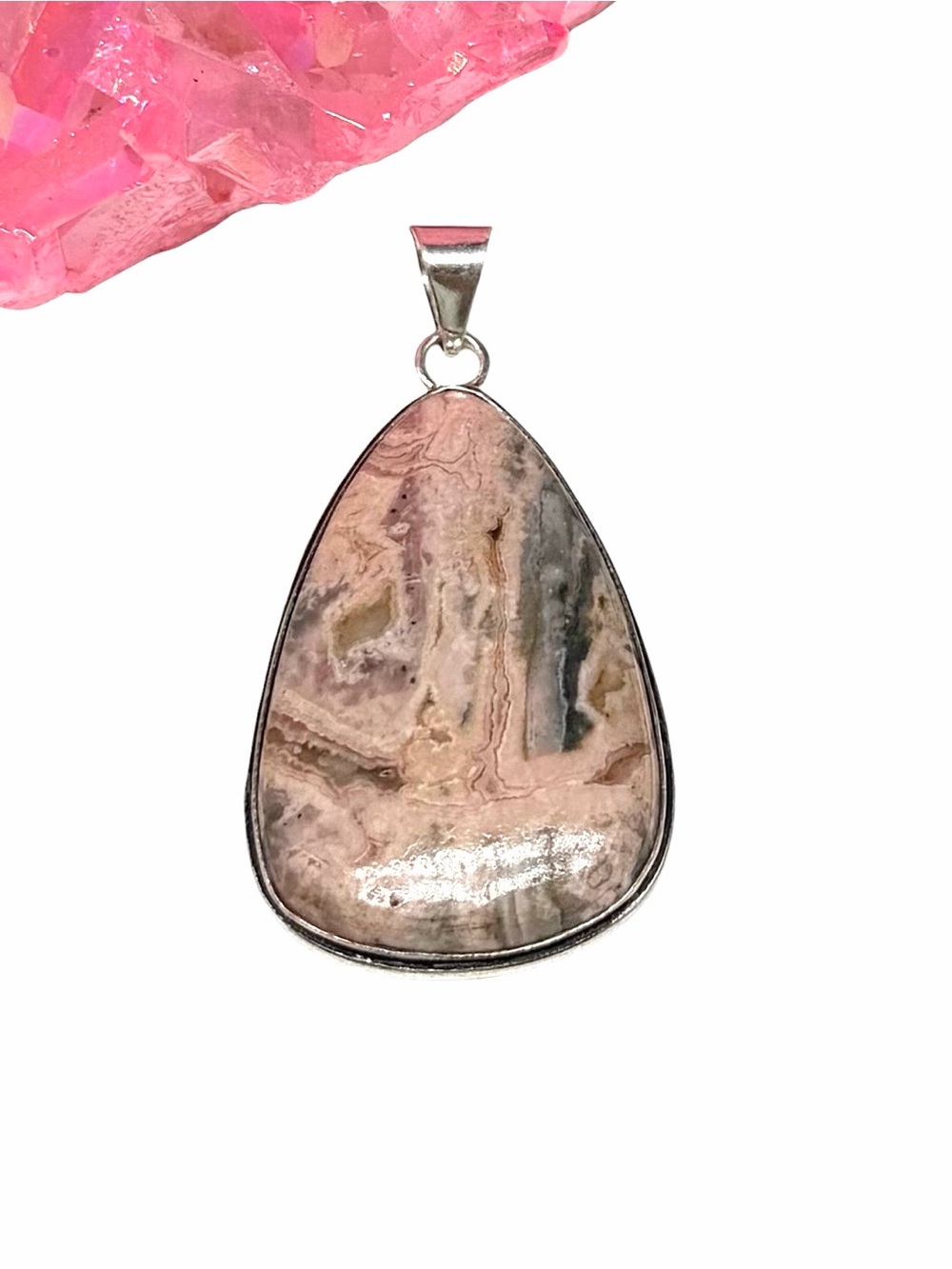 Rhodochrosite Necklace Pendant 925 Sterling Silver Overlay
